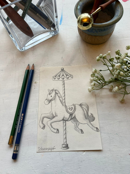 Original Graphite Drawing on Paper, Carousel Horse, No. 25 of 31 Horse Drawings