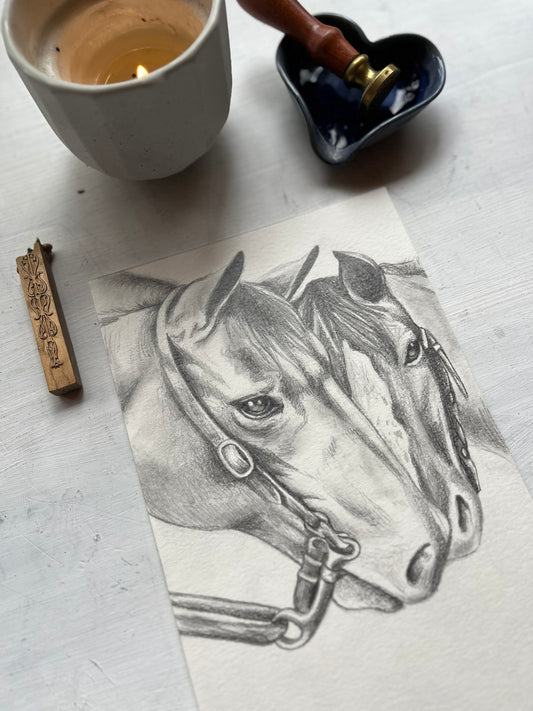 Original Graphite Drawing on Paper, Brotherly Affection, No. 1 of 31 Horse Drawings
