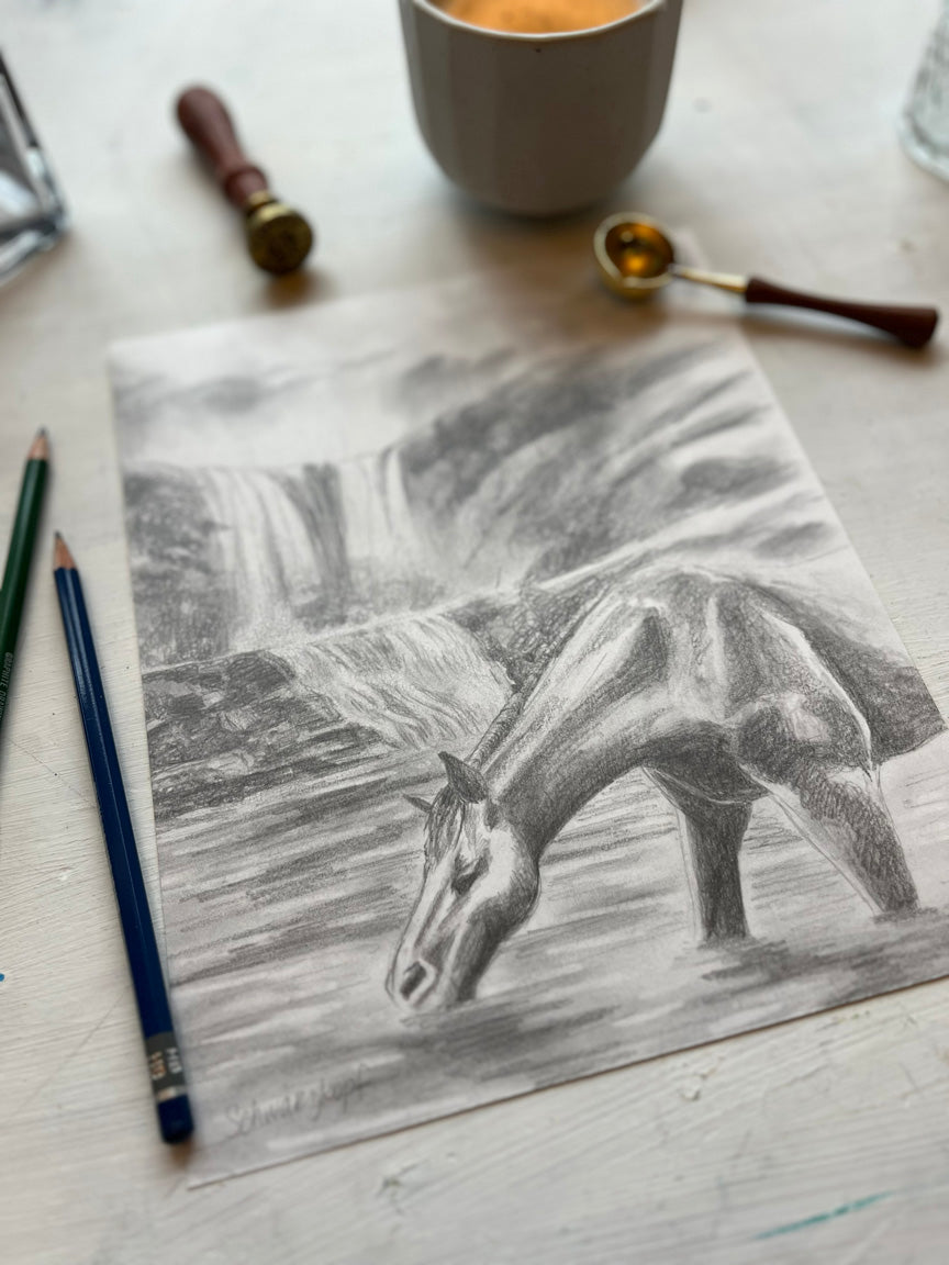 Original Graphite Drawing on Paper, Oasis, No. 14 of 31 Horse Drawings