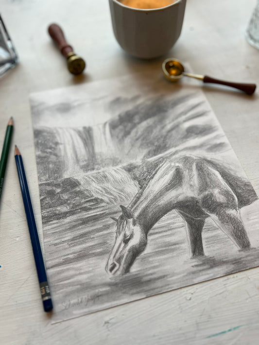 Original Graphite Drawing on Paper, Oasis, No. 14 of 31 Horse Drawings