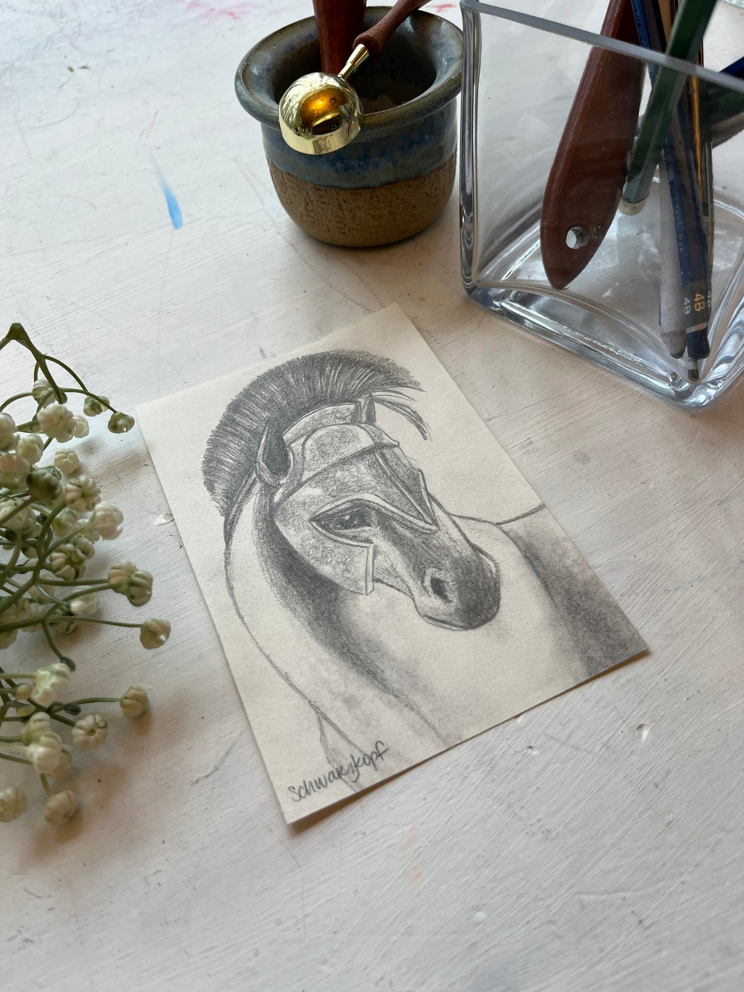 Original Graphite Drawing on Paper, The Trojan Horse, No. 23 of 31 Horse Drawings