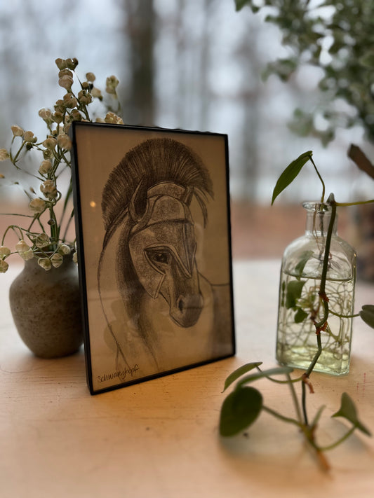 Original Graphite Drawing on Paper, The Trojan Horse, No. 23 of 31 Horse Drawings