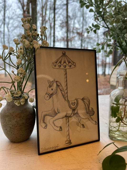 Original Graphite Drawing on Paper, Carousel Horse, No. 25 of 31 Horse Drawings